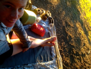 Relaxing on my thinlite pad and window film ground sheet on the Bigfoot Trail